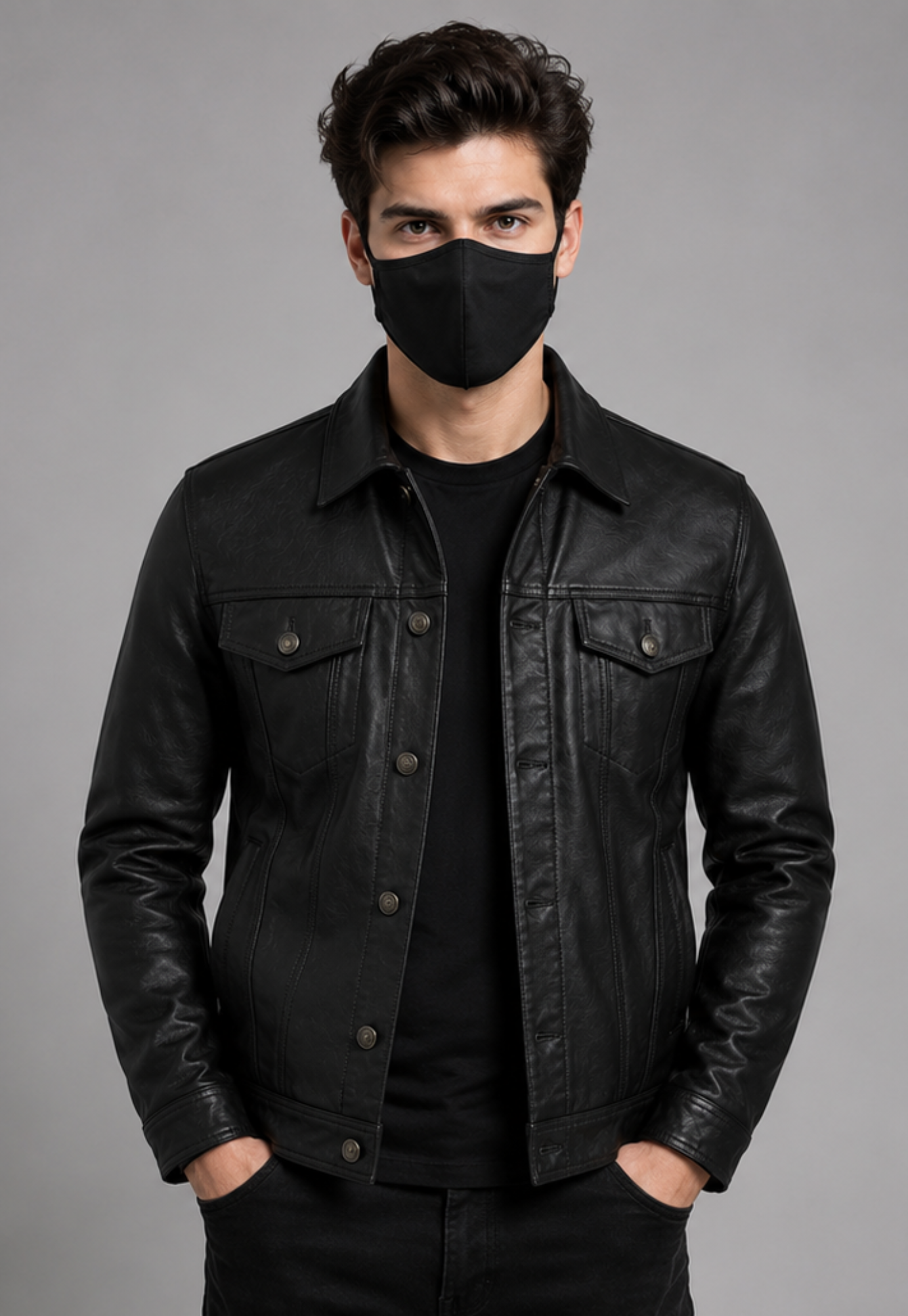 A man wearing a black leather jacket over a black t-shirt and black pants, with a black face mask, photographed against a solid gray studio background.