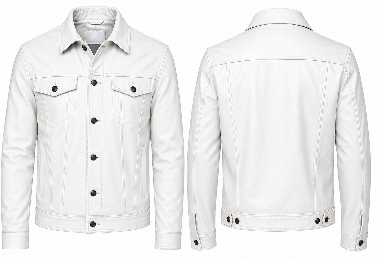 White leather trucker jacket shown from both the front and back views on a plain white background.