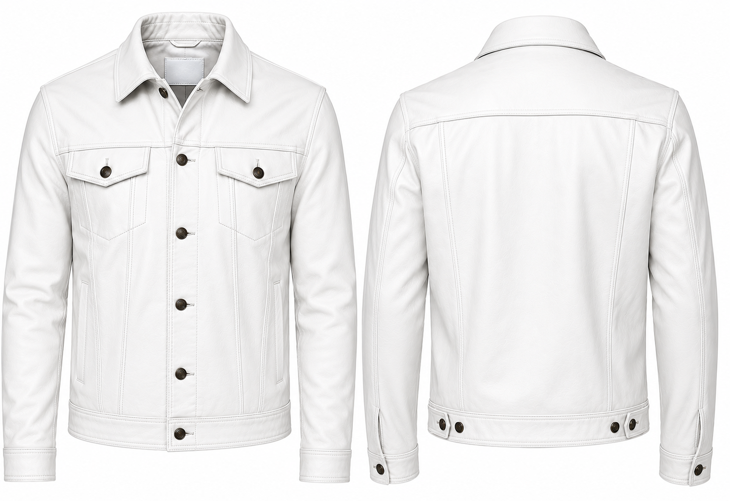 White leather trucker jacket shown from both the front and back views on a plain white background.