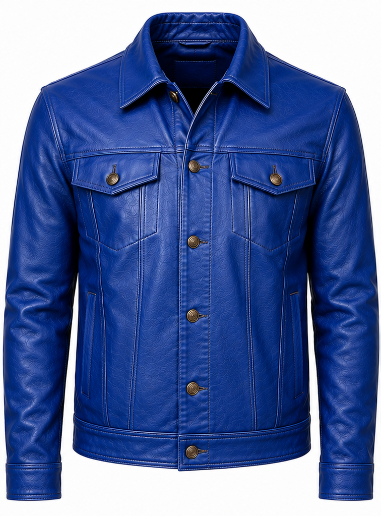 A vibrant blue leather trucker jacket with a button-up front, two chest flap pockets, and brown metal buttons, shown on a plain white background.