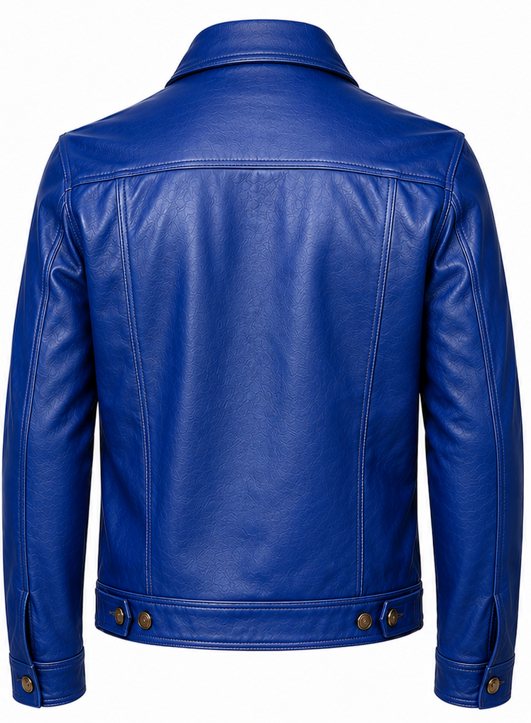 The back view of a men's blue leather trucker jacket with a collar, long sleeves, and snap-button details on the hem and cuffs, shown against a plain white background.