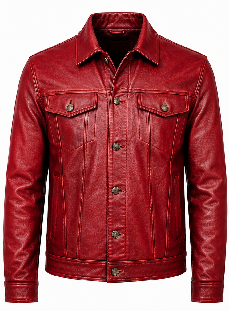 A red leather trucker jacket with a pointed collar, button-up front, and two buttoned chest pockets, shown on a plain white background.