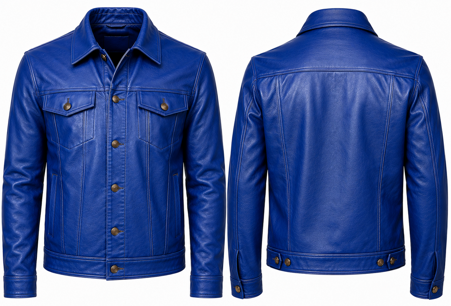 A men's blue leather trucker jacket shown from both the front and back views against a plain white background.