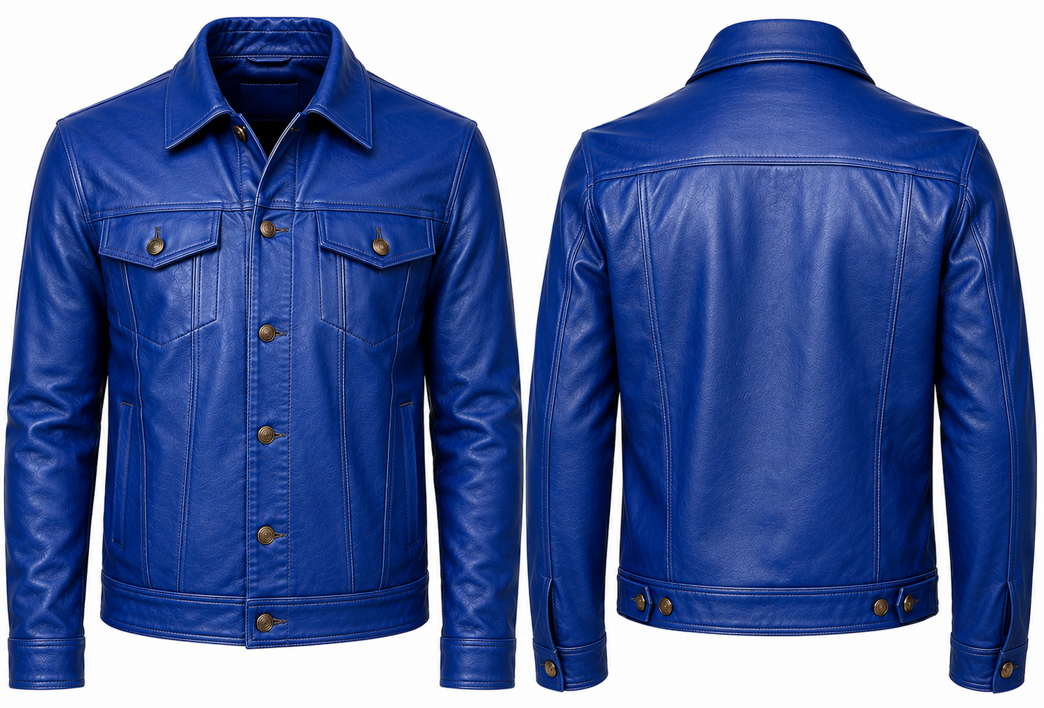 A men's blue leather trucker jacket shown from both the front and back views against a plain white background.