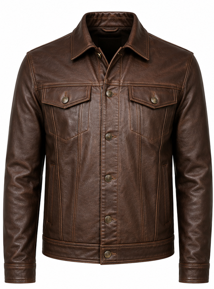 A dark brown leather trucker jacket with a button-up front, pointed collar, and two buttoned chest flap pockets, shown on a plain white background.