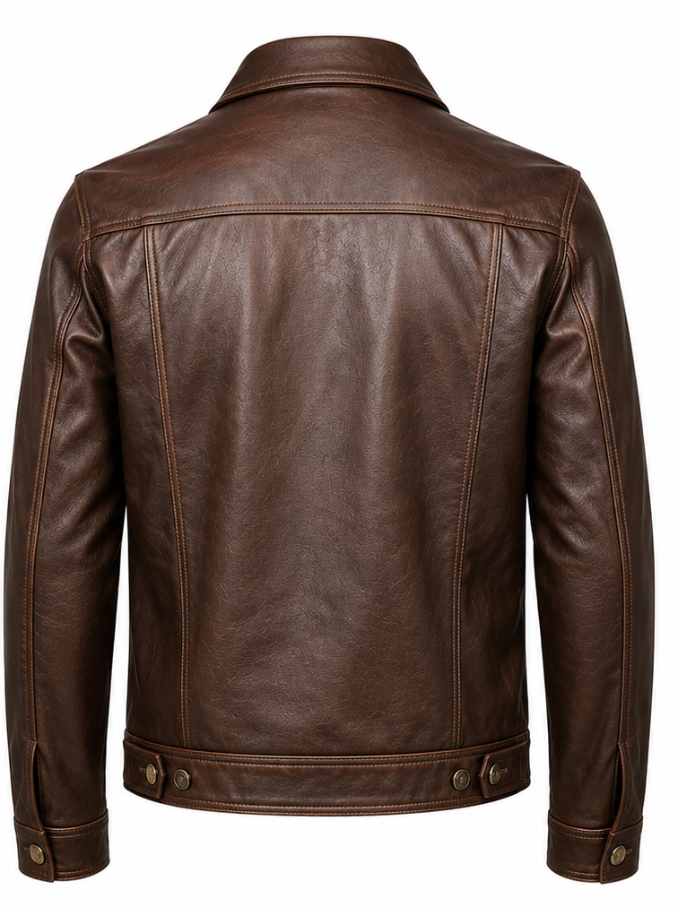 A dark brown leather trucker jacket shown from the back, featuring a classic collar, stitched panel seams, and snap-button details at the hem and cuffs, set against a plain white background.