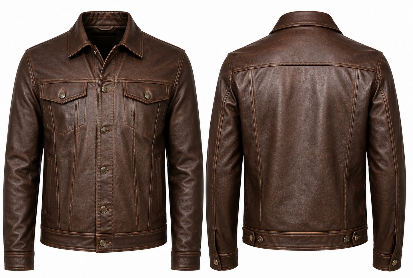 A brown leather trucker jacket shown from both the front and back views against a plain white background.