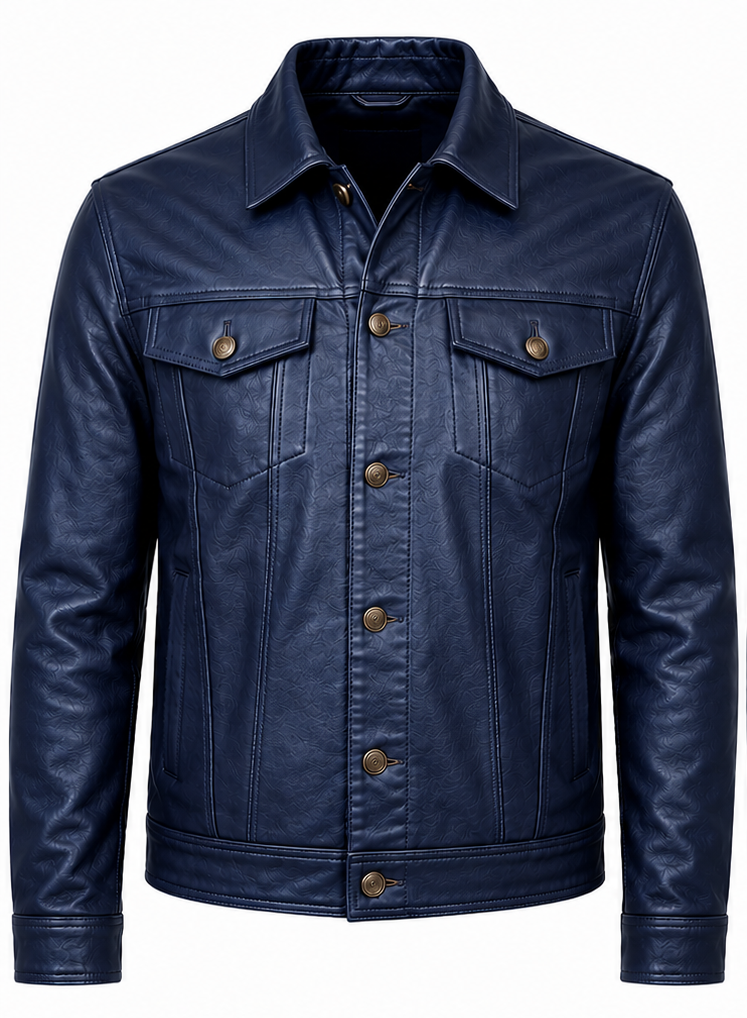 A men's navy blue leather trucker jacket with a button-down front, pointed collar, and two buttoned chest flap pockets, shown on a plain white background.