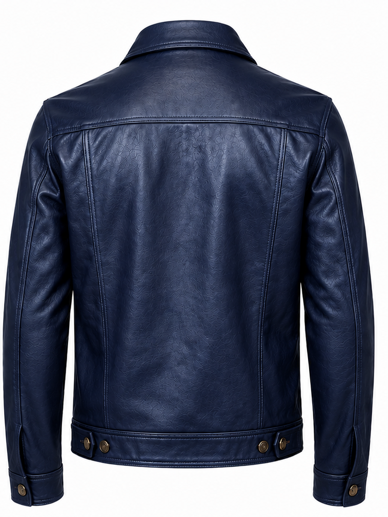 A navy blue leather trucker jacket shown from the back, featuring a classic collar, stitched paneling, and brass snap buttons at the cuffs and hem, set against a plain white background.