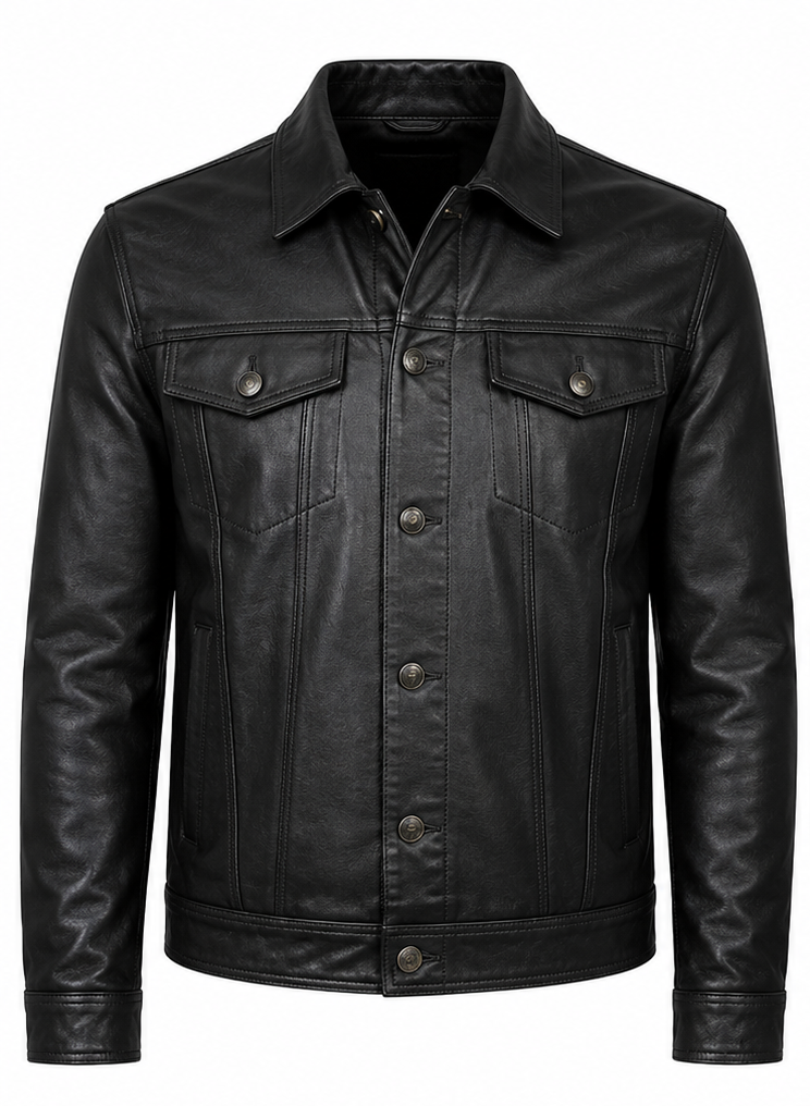 A black leather jacket with a button-up front, pointed collar, and two buttoned chest flap pockets, shown on a plain white background.