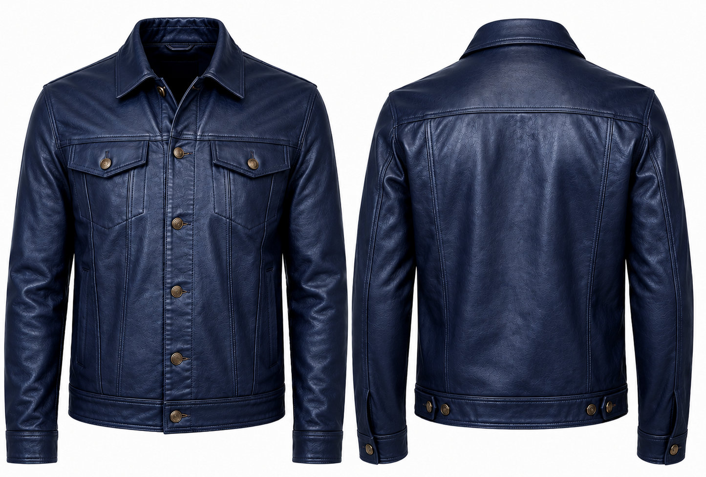 A dark navy blue leather trucker jacket shown from both the front and back views against a plain white background.