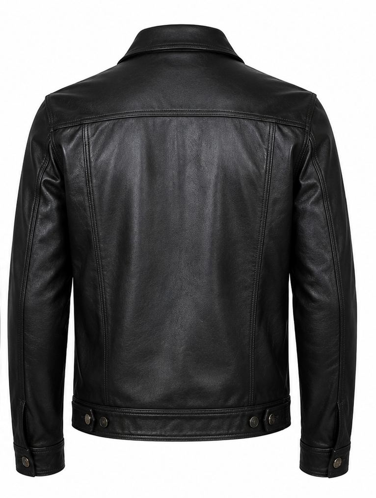 Black leather jacket shown from the back, featuring a classic collar, long sleeves, and snap-button details at the cuffs and hem, set against a plain white background.