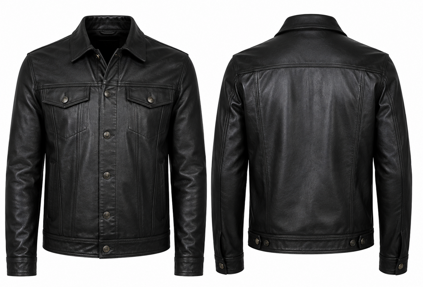 Black leather jacket shown from both the front and back views on a plain white background.