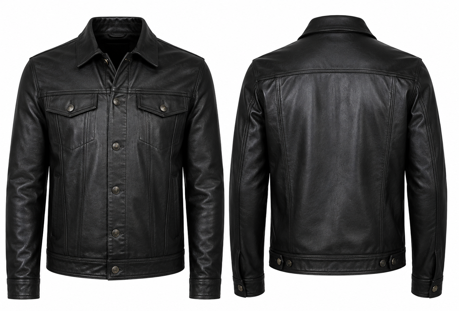 Black leather jacket shown from both the front and back views on a plain white background.