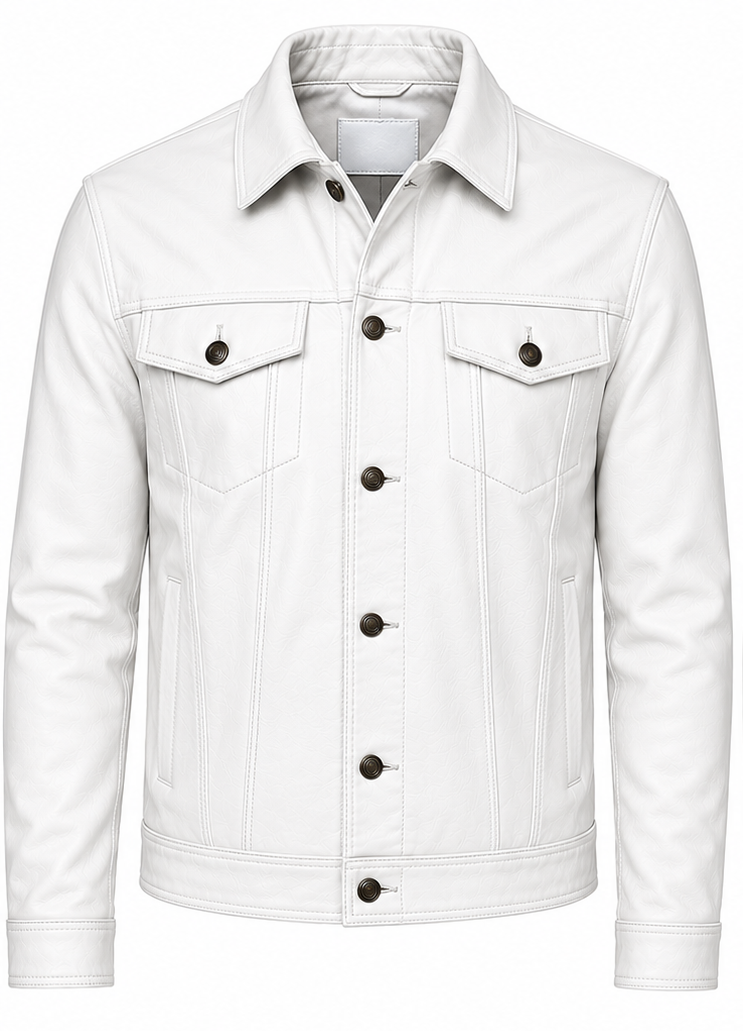 A white leather trucker-style jacket with a pointed collar, button-front closure, and two flap chest pockets, shown on a plain white background.