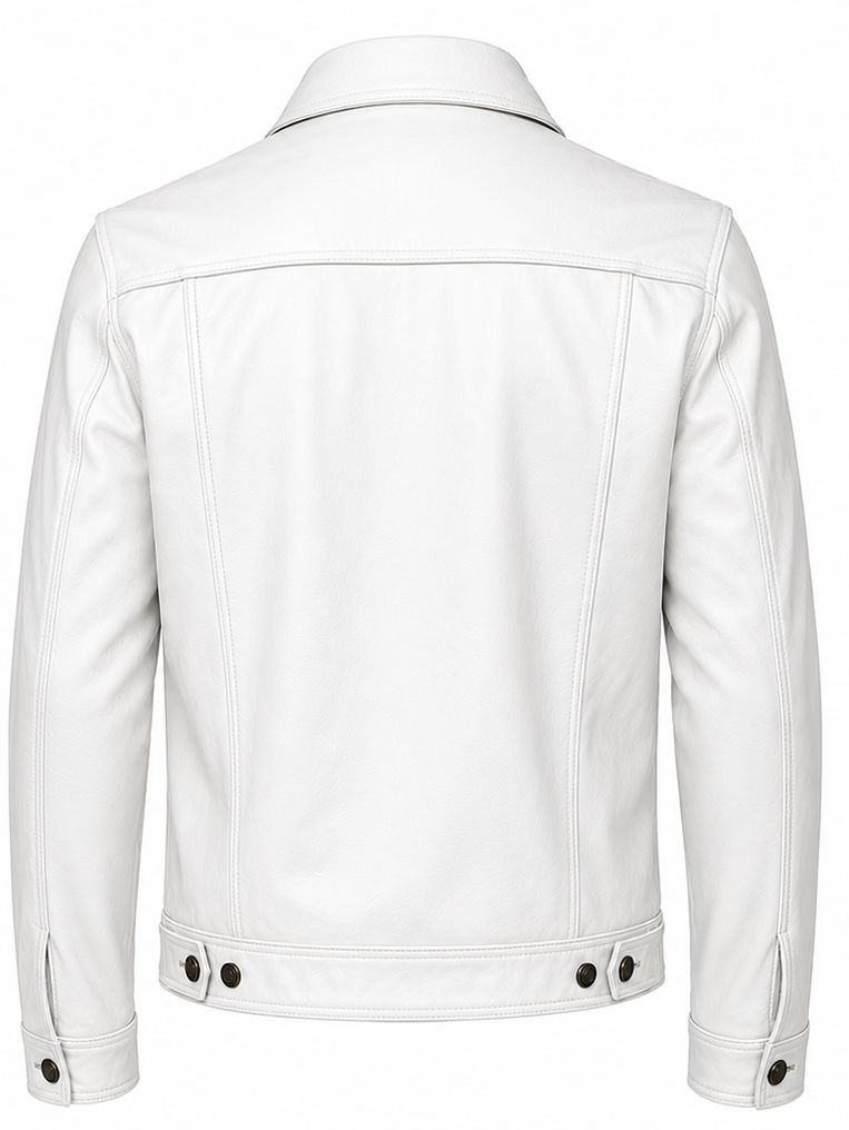 White leather trucker jacket shown from the back, featuring a collar, vertical seam panels, and snap-button details on the cuffs and lower back.