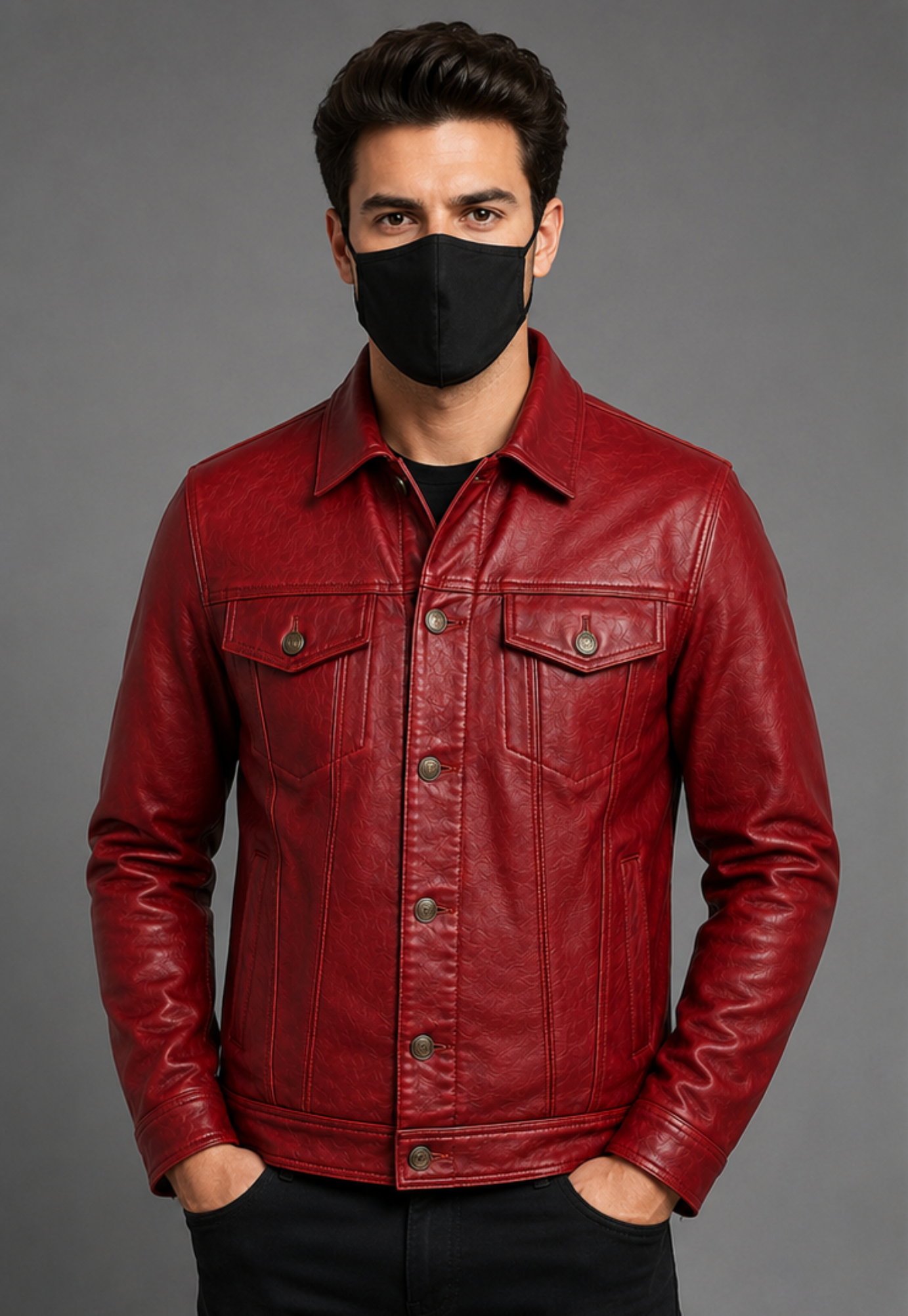 A man wearing a red leather trucker jacket and a black face mask, standing against a solid gray studio background.
