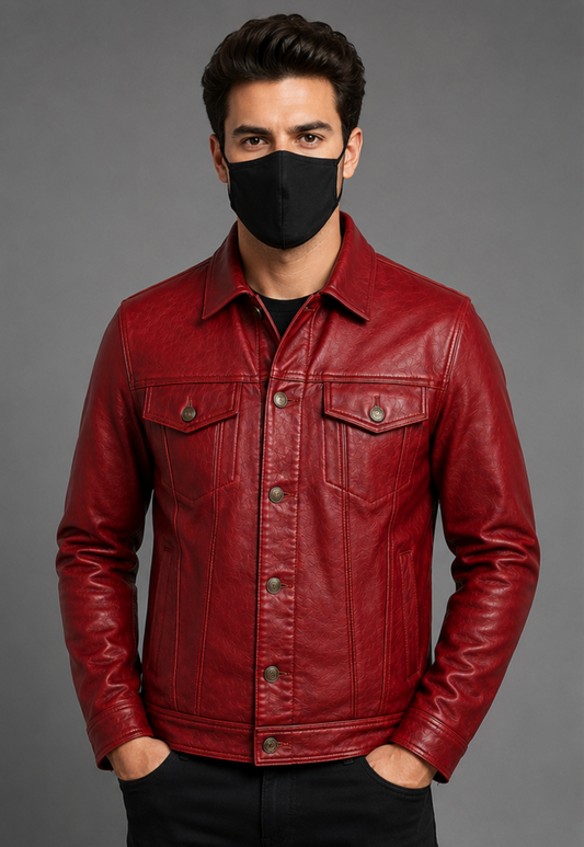 A man wearing a red leather trucker jacket and a black face mask, standing against a solid gray studio background.