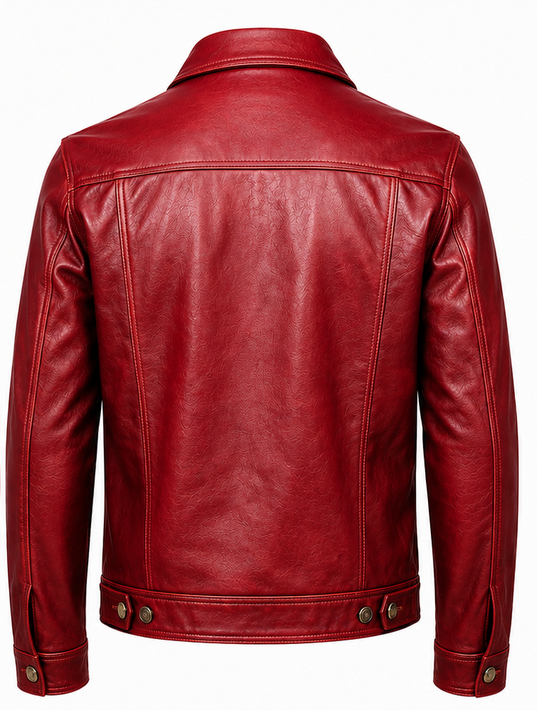 A red leather trucker jacket shown from the back, featuring a classic collar, long sleeves, and button details on the cuffs and hem, set against a plain white background.