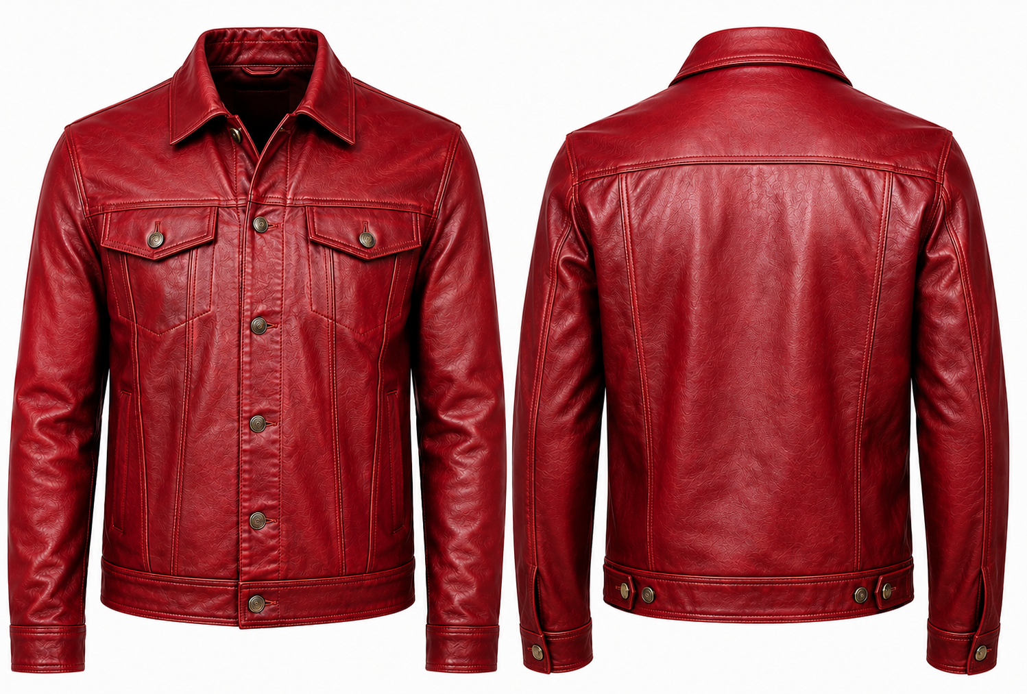 A red leather trucker jacket shown from both the front and back views on a plain white background.