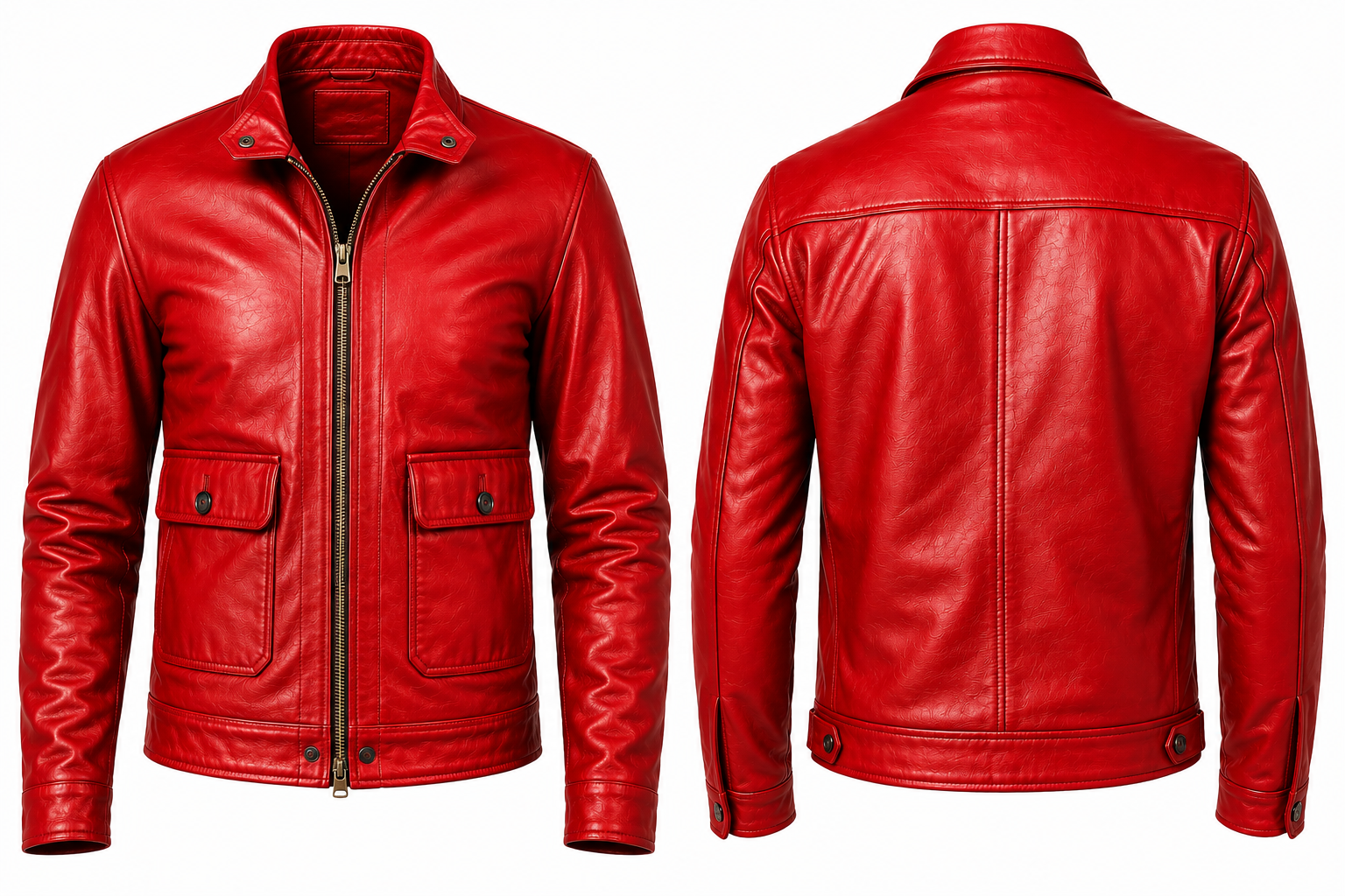 A bright red leather jacket shown from both the front and back views against a plain white background.