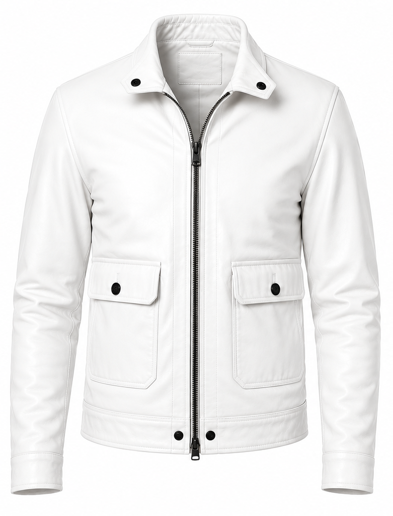 A white leather jacket with a stand-up collar, front zipper, and two flap pockets with snap buttons, shown on a plain white background.