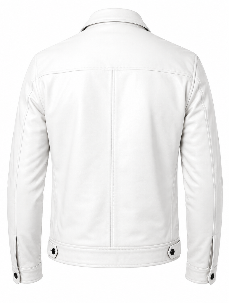 White leather jacket shown from the back, featuring a collar, vertical center seam, and snap-button details on the sleeve cuffs and lower back.