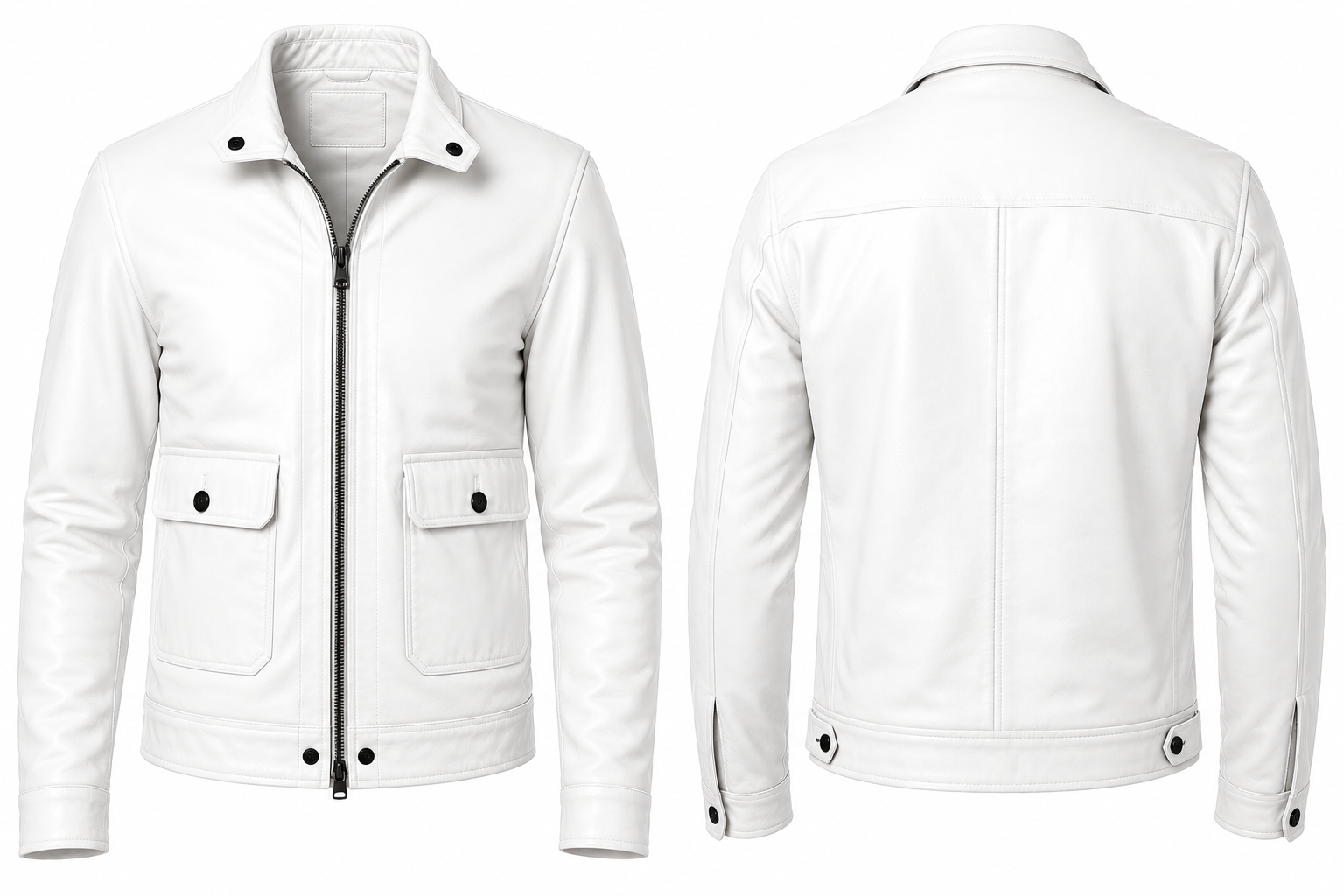 White leather jacket shown from both the front and back views on a plain white background.