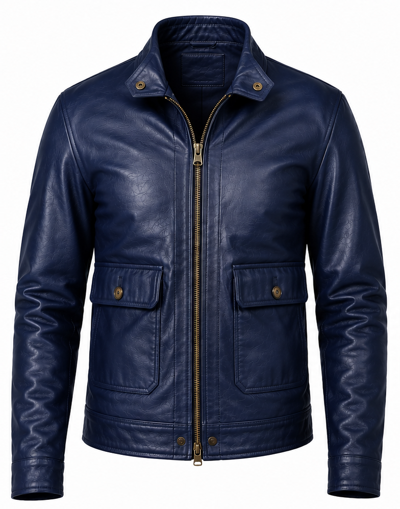 A navy blue leather jacket with a front zipper, snap-button collar, and two flap pockets with gold-tone hardware, shown on a plain white background.