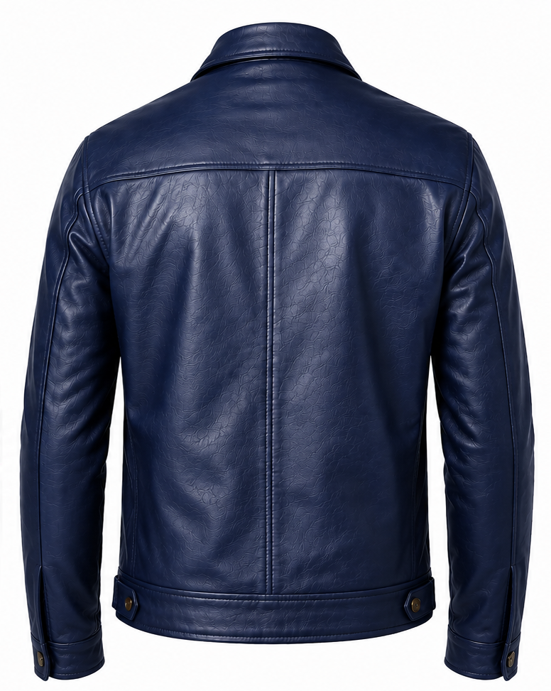 A navy blue leather jacket shown from the back, featuring a classic collar, vertical center seam, and snap-button details at the hem and cuffs, set against a plain white background.