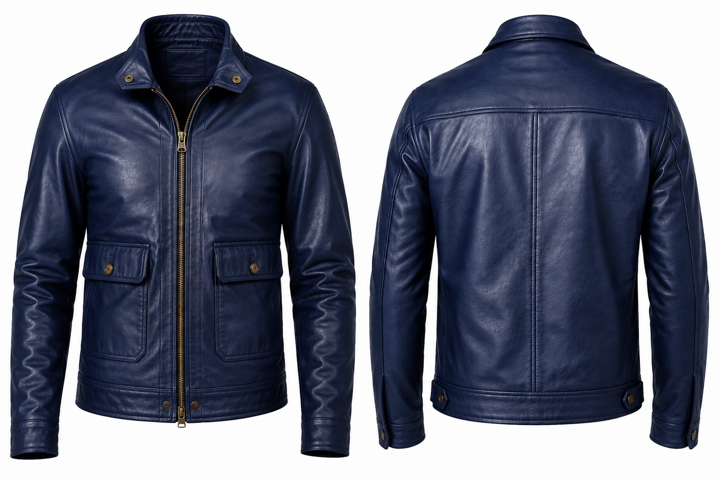 A men's navy blue leather jacket shown from both the front and back views against a plain white background.