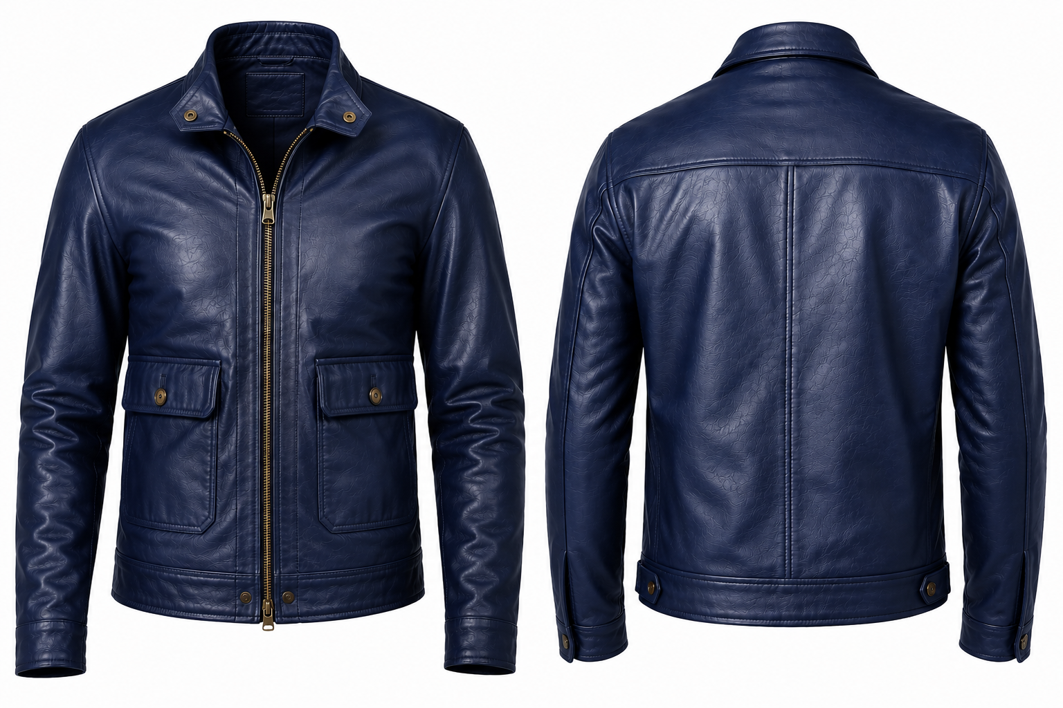 A men's navy blue leather jacket shown from both the front and back views against a plain white background.