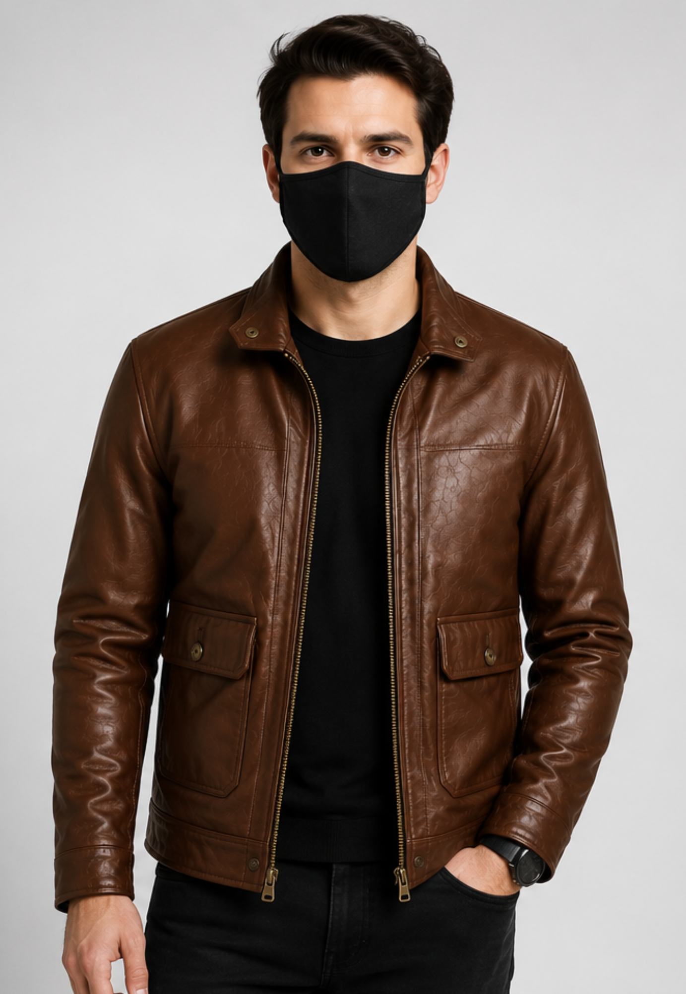 A man wearing a brown leather jacket over a black shirt and black pants, with a black face mask, photographed against a light gray studio background.