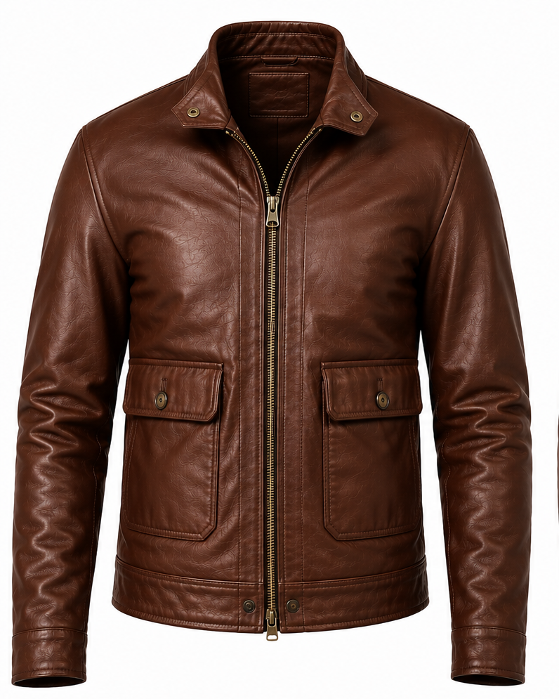 A brown leather jacket with a stand-up collar, front zipper, and two flap pockets with snap buttons, shown on a plain white background.