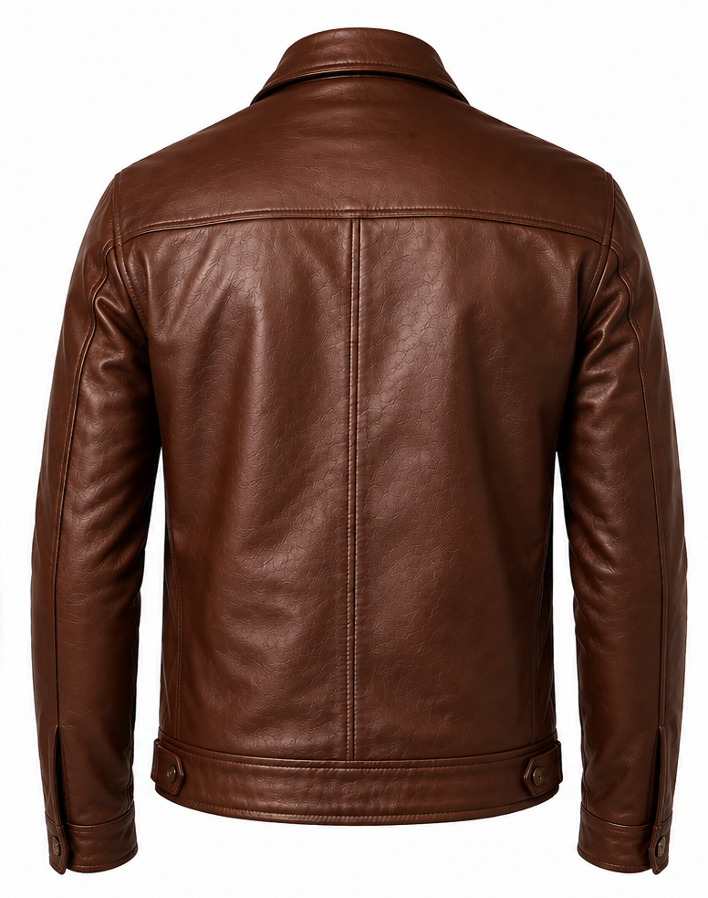 A brown leather jacket shown from the back, featuring a collar, long sleeves, and a central seam, photographed against a plain white background.
