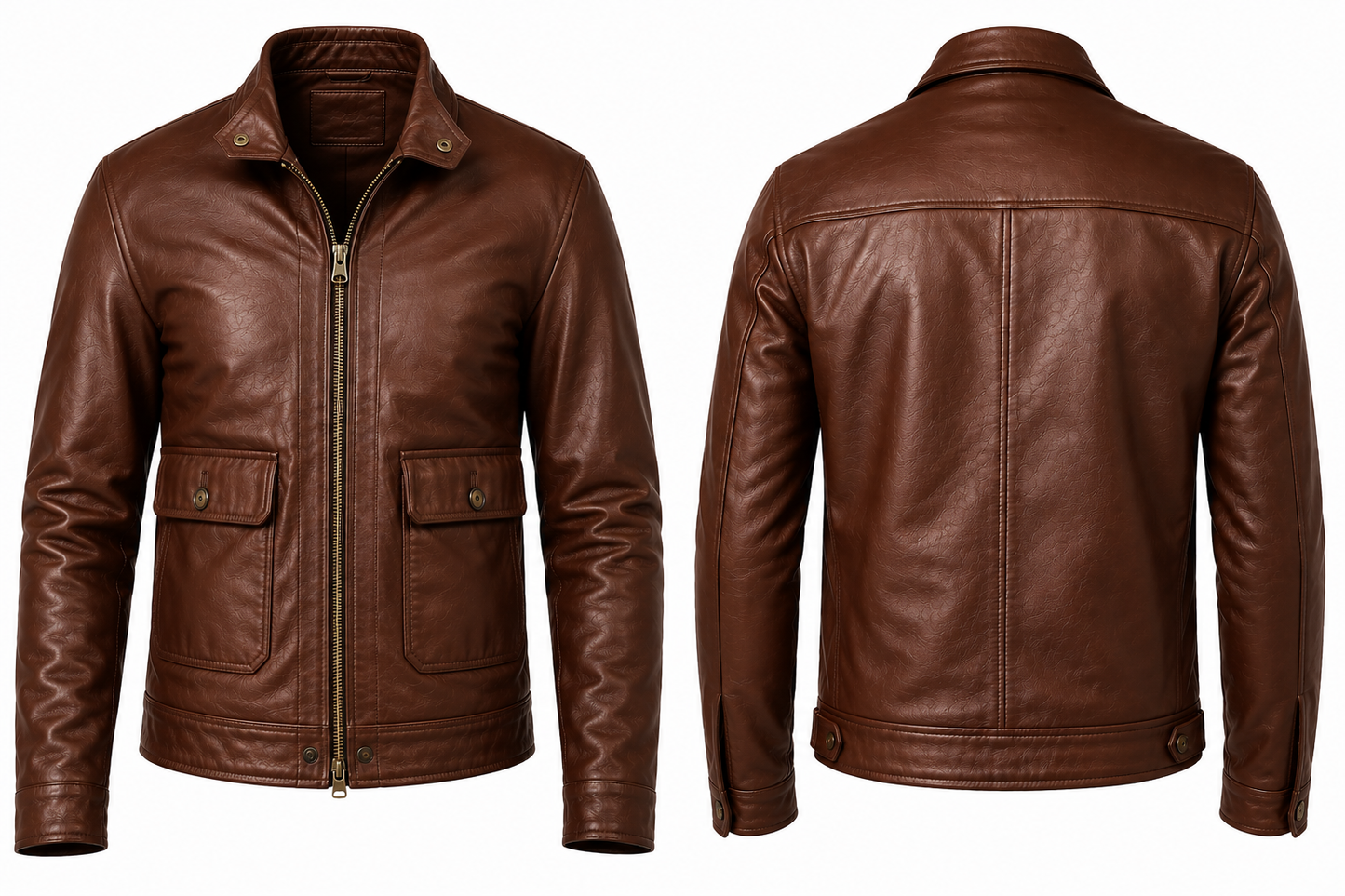 A brown leather jacket shown from both the front and back views against a plain white background.