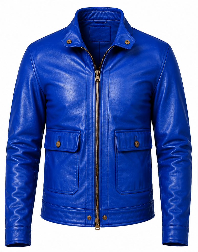 A bright royal blue leather jacket with a front zipper, stand collar, and two flap pockets with snap buttons, shown on a plain white background.