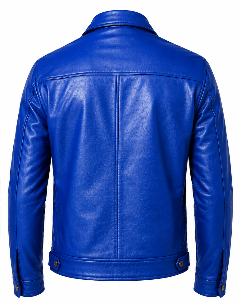 A bright royal blue leather jacket shown from the back, featuring a classic collar, vertical center seam, and snap-button cuffs, set against a plain white background.