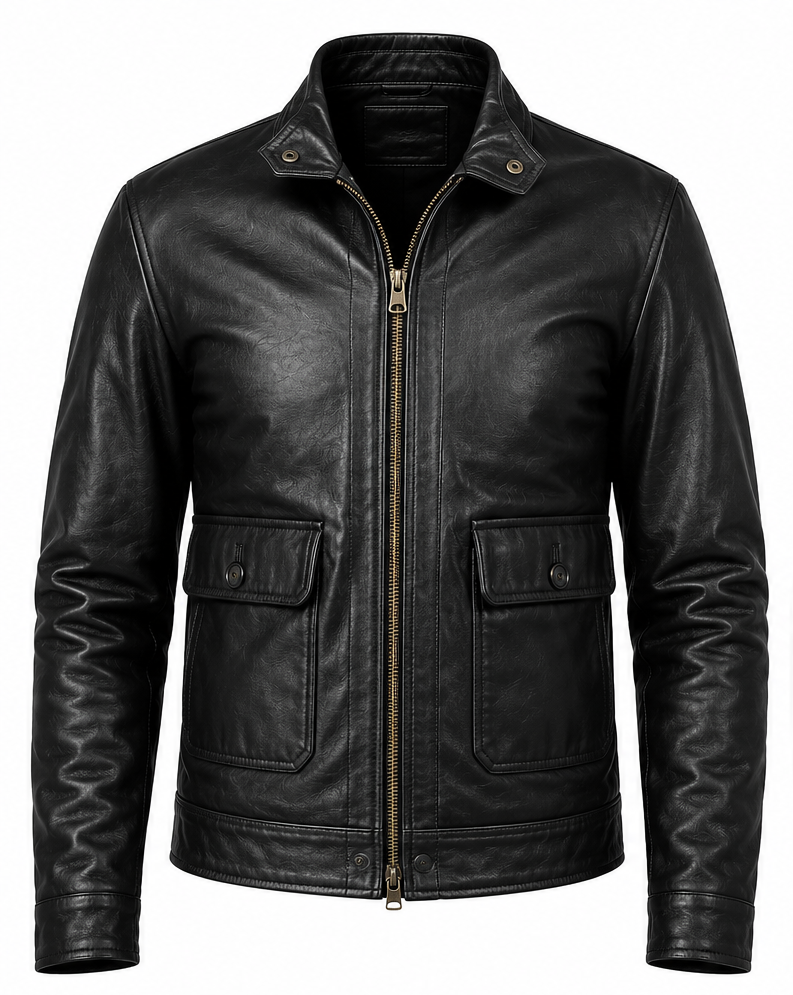 A black leather jacket with a front zipper, stand collar, and two flap pockets, shown on a plain white background.