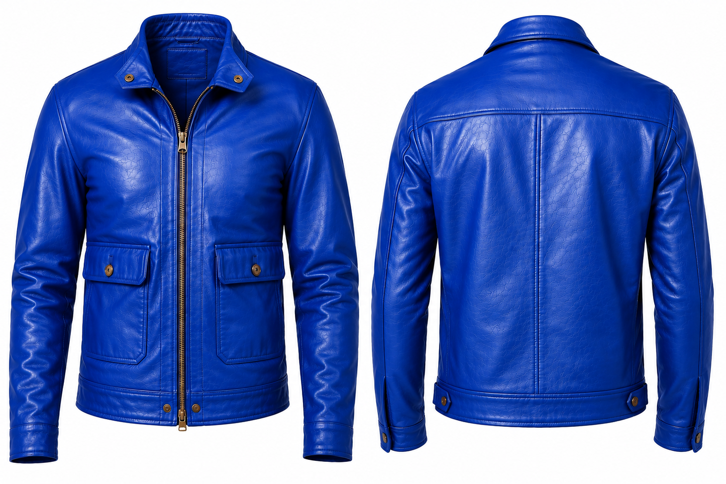 A bright blue leather jacket shown from both the front and back views against a plain white background.