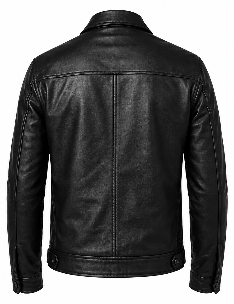 Black leather jacket shown from the back, featuring a classic collar, a central seam, and button details on the hem and cuffs, set against a plain white background.