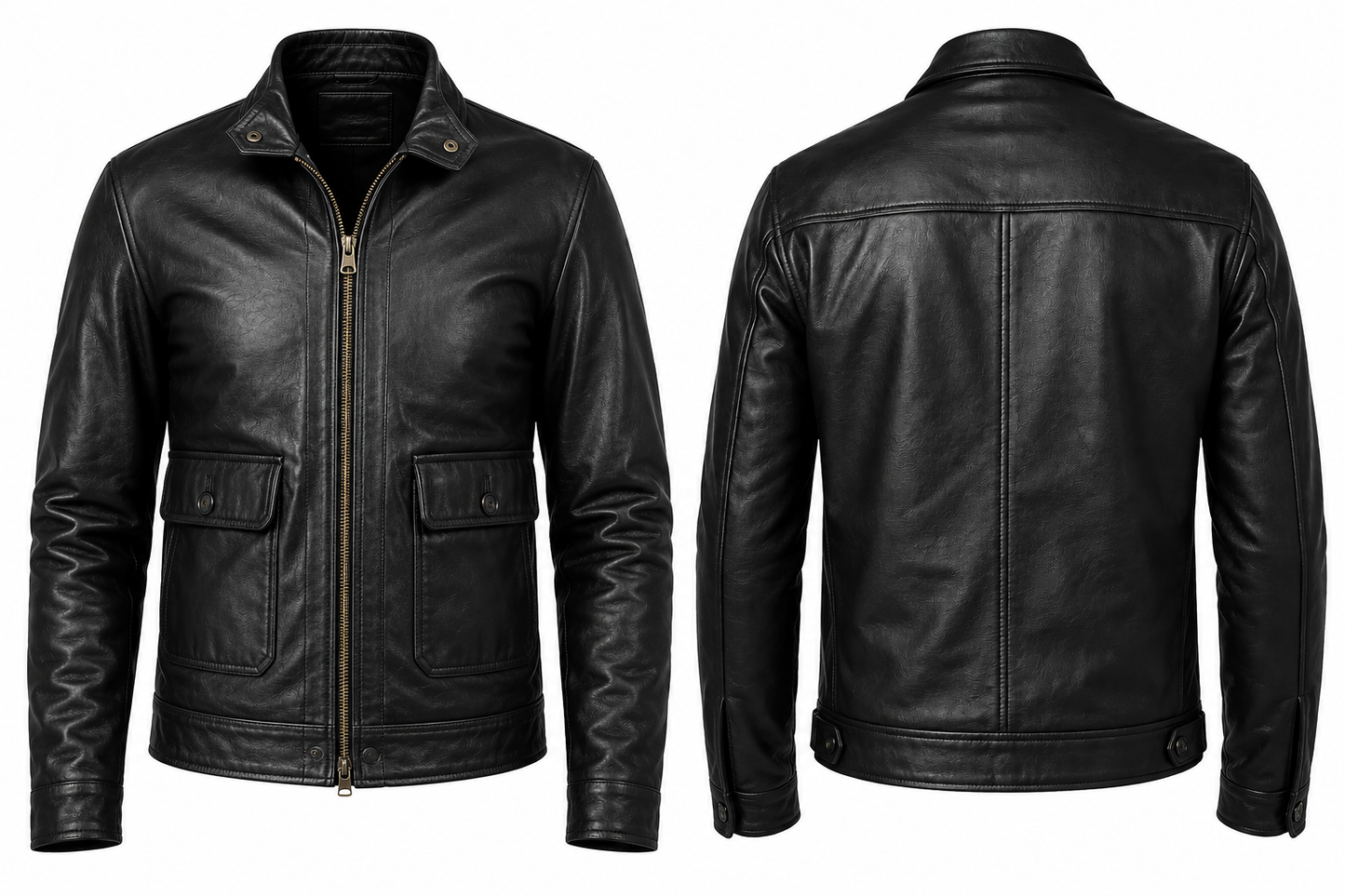 Black leather jacket shown from both front and back views on a plain white background.