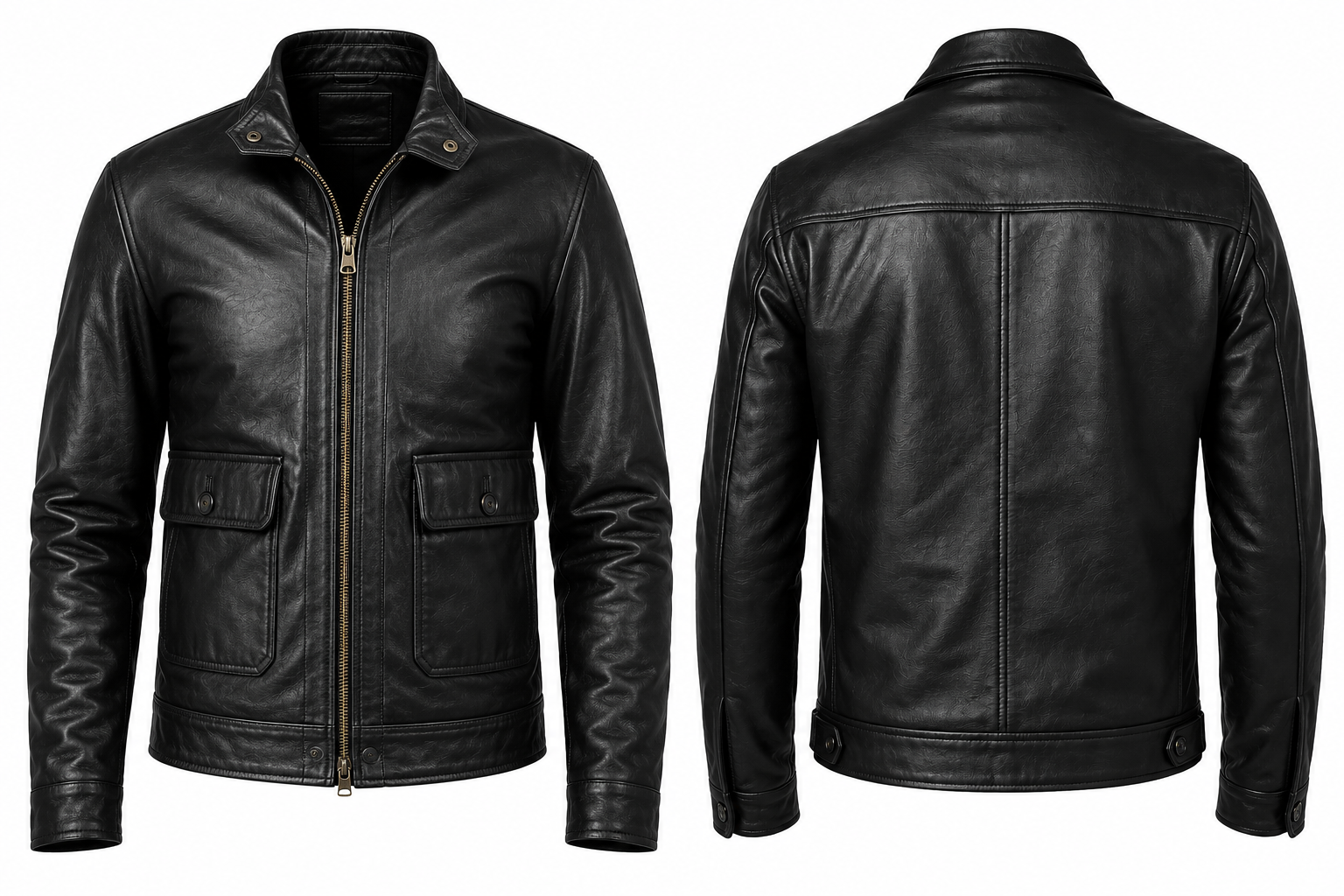 Black leather jacket shown from both front and back views on a plain white background.
