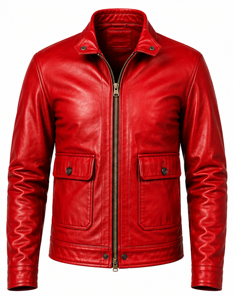 A bright red leather jacket with a front zipper, stand collar, and two flap pockets with snap buttons, shown on a plain white background.