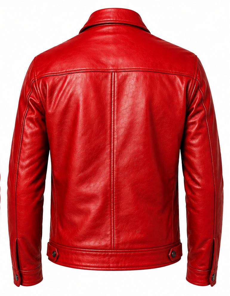 A bright red leather jacket shown from the back, featuring a central seam, collar, and snap-button details at the cuffs and hem, set against a plain white background.