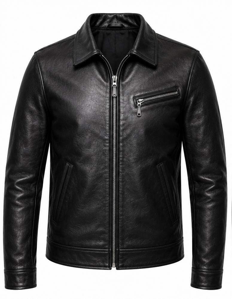 A black leather jacket with a front zipper, zippered chest pocket, and side pockets, shown on a plain white background.