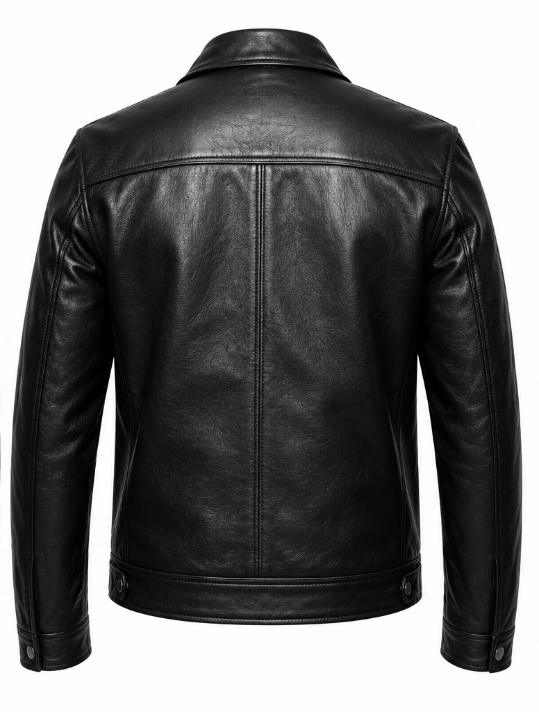 Black leather jacket shown from the back, featuring a classic collar, a central seam, and buttoned cuffs, photographed against a plain white background.