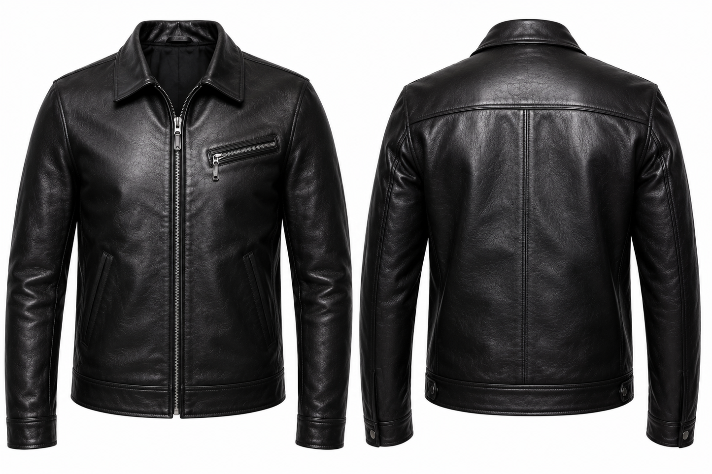 Black leather jacket shown from both the front and back views on a plain white background.