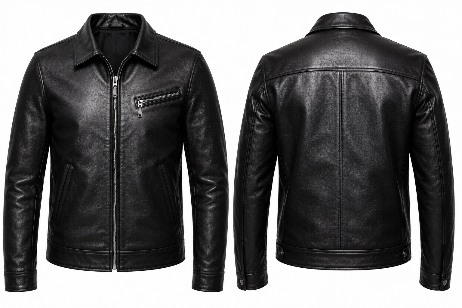 Black leather jacket shown from both the front and back views on a plain white background.
