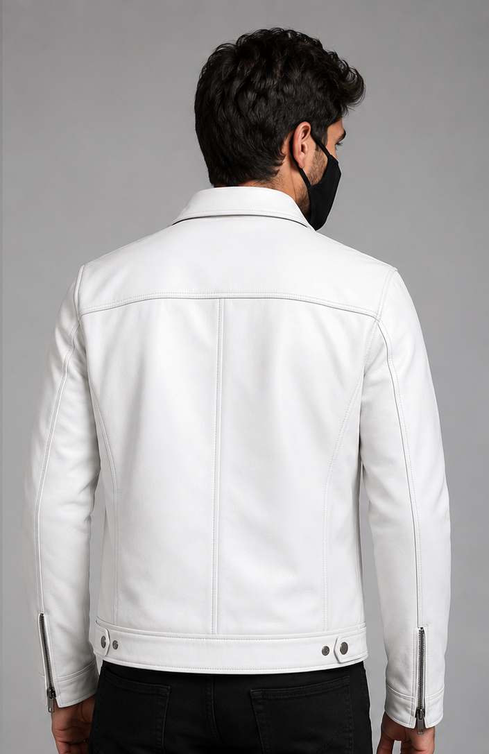 A man viewed from the back wearing a white leather biker jacket with black pants, set against a solid gray studio background.